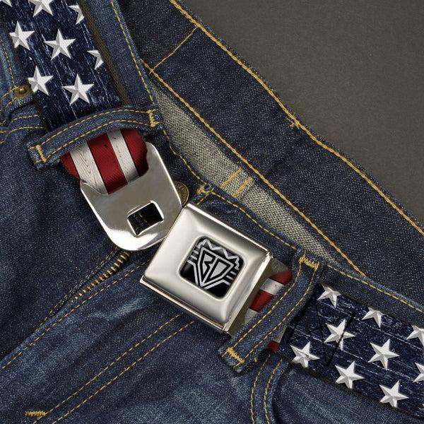 Buckle Down BD Wings Logo CLOSE-UP Full Color Black Silver Seatbelt Belt - Americana Rustic Stars & Stripes Webbing