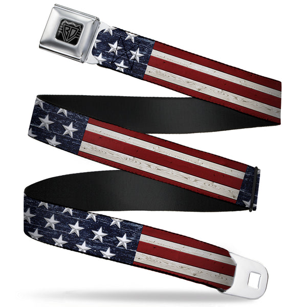 buckle down BD Wings Logo CLOSE-UP Full Color Black Silver Seatbelt Belt - Americana Rustic Stars & Stripes Webbing
