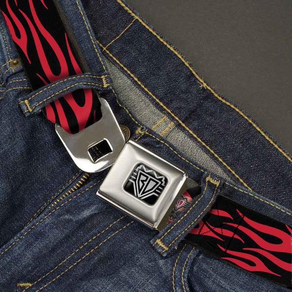 Buckle Down BD Wings Logo CLOSE-UP Full Color Black Silver Seatbelt Belt - Flame Red Webbing