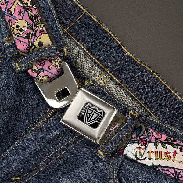 Buckle Down BD Wings Logo CLOSE-UP Full Color Black Silver Seatbelt Belt - Trust No One Pink Webbing