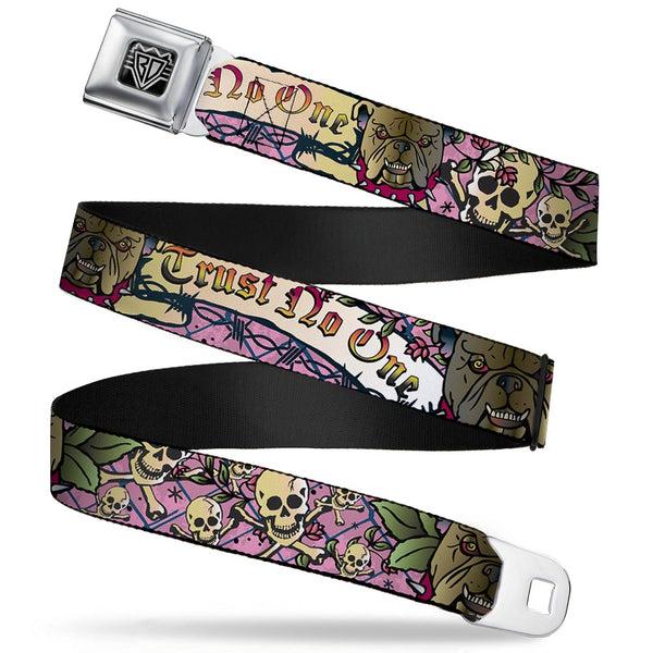 buckle down BD Wings Logo CLOSE-UP Full Color Black Silver Seatbelt Belt - Trust No One Pink Webbing