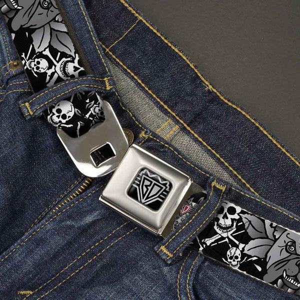 Buckle Down BD Wings Logo CLOSE-UP Full Color Black Silver Seatbelt Belt - Trust No One Black/White Webbing