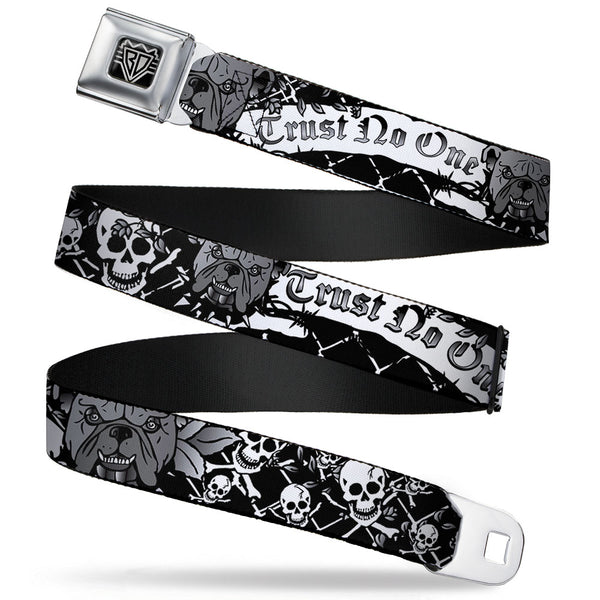 buckle down BD Wings Logo CLOSE-UP Full Color Black Silver Seatbelt Belt - Trust No One Black/White Webbing