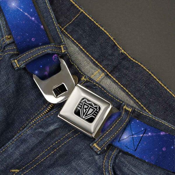 Buckle Down BD Wings Logo CLOSE-UP Full Color Black Silver Seatbelt Belt - Galaxy Blues/Purples Webbing