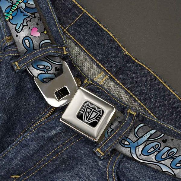 Buckle Down BD Wings Logo CLOSE-UP Full Color Black Silver Seatbelt Belt - Love Love Gray Webbing