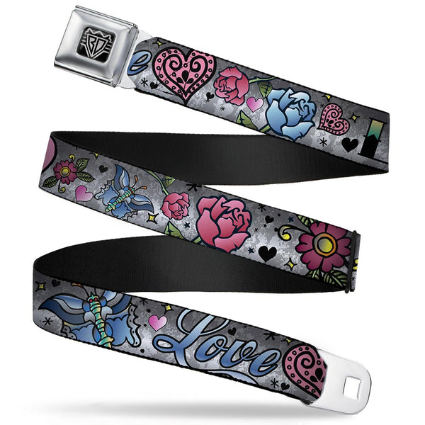 buckle down BD Wings Logo CLOSE-UP Full Color Black Silver Seatbelt Belt - Love Love Gray Webbing