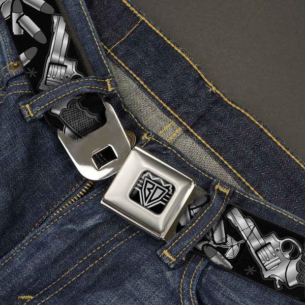Buckle Down BD Wings Logo CLOSE-UP Full Color Black Silver Seatbelt Belt - Born To Raise Hell Black/White Webbing