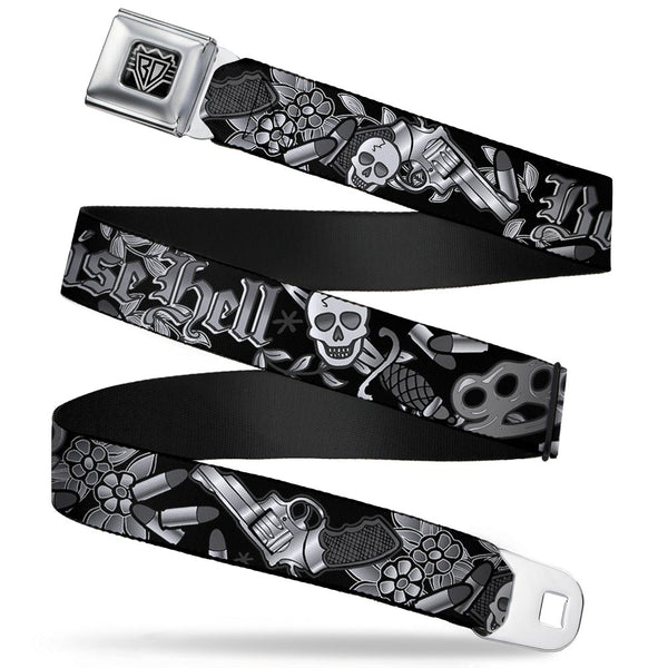 buckle down BD Wings Logo CLOSE-UP Full Color Black Silver Seatbelt Belt - Born to Raise Hell Black/White Webbing