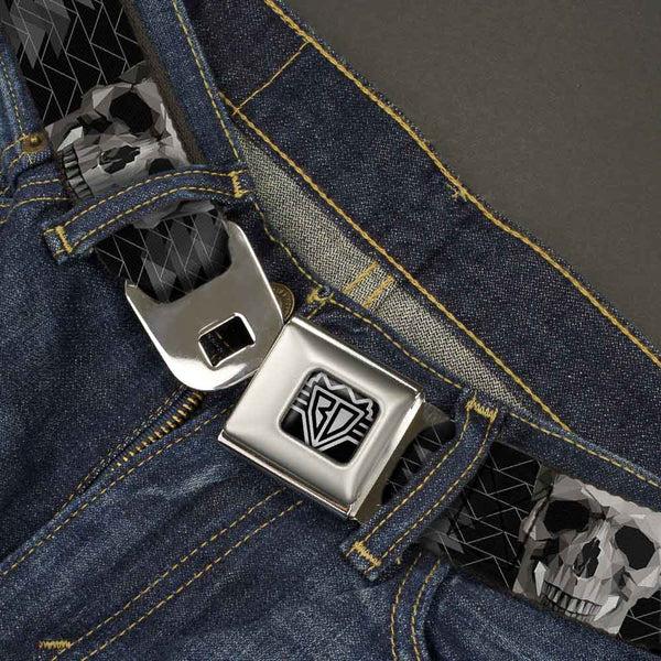Buckle Down BD Wings Logo CLOSE-UP Full Color Black Silver Seatbelt Belt - Geometric 3-D Skull Face/Chevron Black/Grays/White Webbing