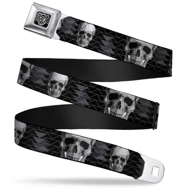 buckle down BD Wings Logo CLOSE-UP Full Color Black Silver Seatbelt Belt - Geometric 3-D Skull Face/Chevron Black/Grays/White Webbing