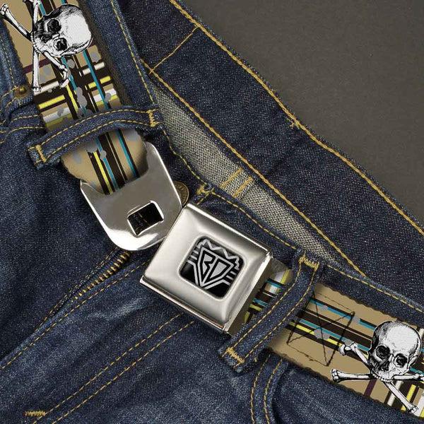 Buckle Down BD Wings Logo CLOSE-UP Full Color Black Silver Seatbelt Belt - Skull & Cross Bones Plaid Tan Webbing