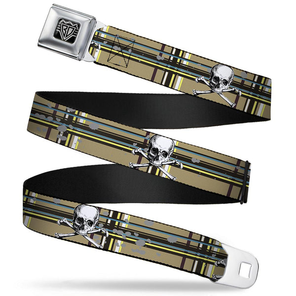 buckle down BD Wings Logo CLOSE-UP Full Color Black Silver Seatbelt Belt - Skull & Cross Bones Plaid Tan Webbing