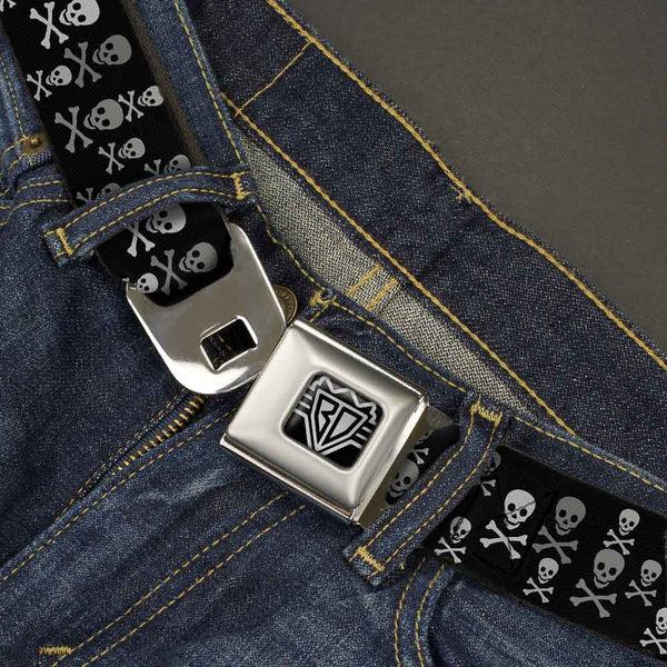 Buckle Down BD Wings Logo CLOSE-UP Full Color Black Silver Seatbelt Belt - Multi Skull Black/Gray Webbing