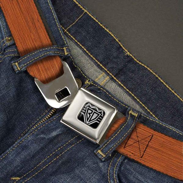 Buckle Down BD Wings Logo CLOSE-UP Full Color Black Silver Seatbelt Belt - Wood Grain2 Horizontal Reddish Brown Webbing