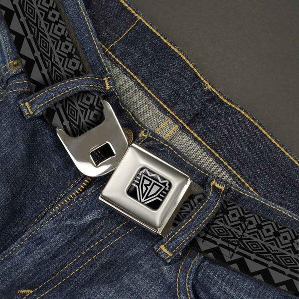 Buckle Down BD Wings Logo CLOSE-UP Full Color Black Silver Seatbelt Belt - Aztec1 Gray/Black Webbing
