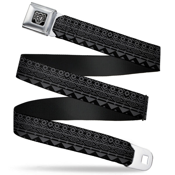 buckle down BD Wings Logo CLOSE-UP Full Color Black Silver Seatbelt Belt - Aztec1 Gray/Black Webbing