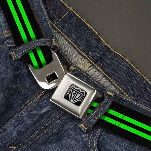 Buckle Down BD Wings Logo CLOSE-UP Full Color Black Silver Seatbelt Belt - Stripe Black/Green Webbing