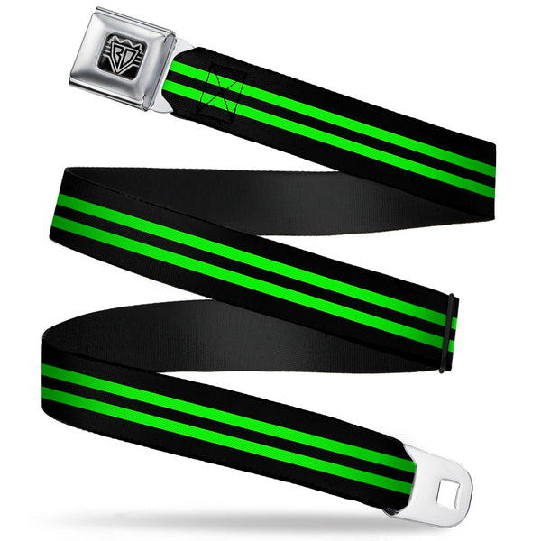 buckle down BD Wings Logo CLOSE-UP Full Color Black Silver Seatbelt Belt - Stripe Black/Green Webbing