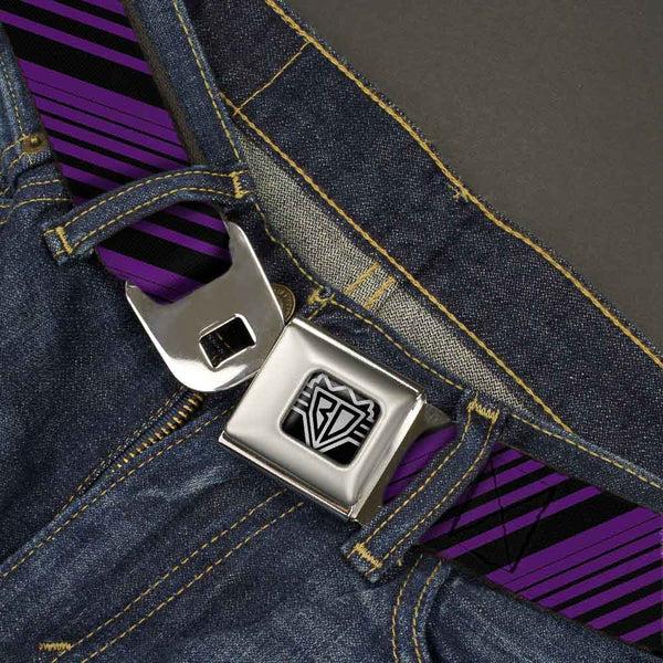 Buckle Down BD Wings Logo CLOSE-UP Full Color Black Silver Seatbelt Belt - Diagonal Stripes Black/Purple Webbing