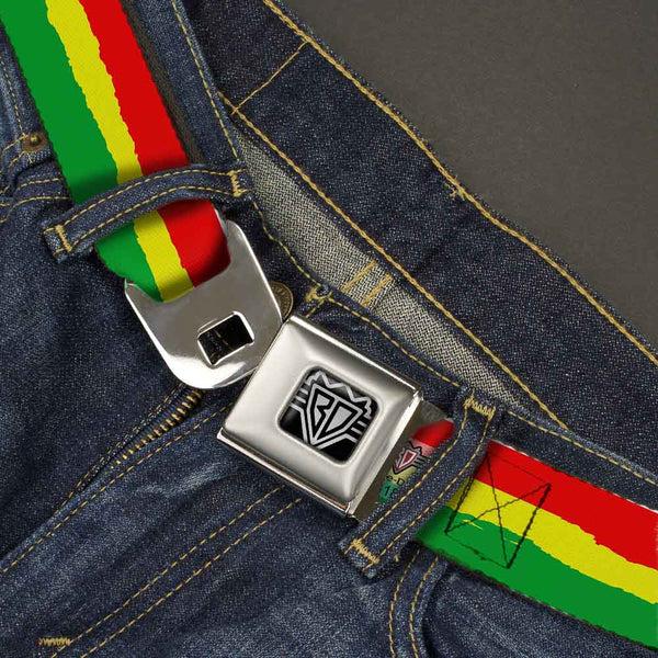 Buckle Down BD Wings Logo CLOSE-UP Full Color Black Silver Seatbelt Belt - Rasta Stripes Painted Green/Yellow/Red Webbing