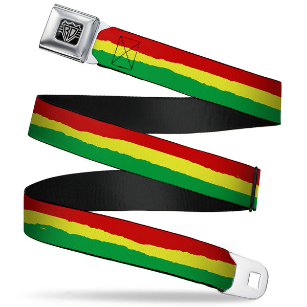 buckle down BD Wings Logo CLOSE-UP Full Color Black Silver Seatbelt Belt - Rasta Stripes Painted Green/Yellow/Red Webbing