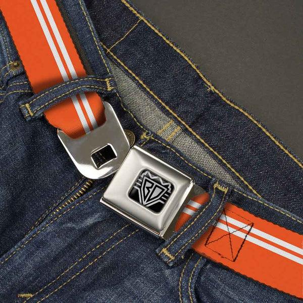 Buckle Down BD Wings Logo CLOSE-UP Full Color Black Silver Seatbelt Belt - Racing Stripe Orange/White Webbing