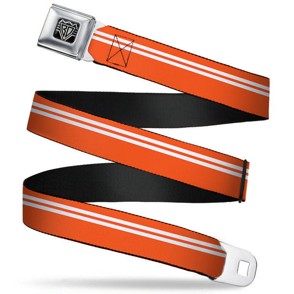 buckle down BD Wings Logo CLOSE-UP Full Color Black Silver Seatbelt Belt - Racing Stripe Orange/White Webbing