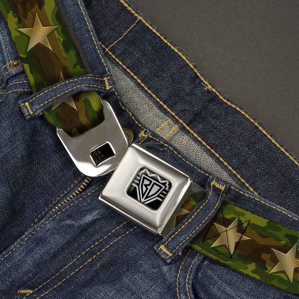 Buckle Down BD Wings Logo CLOSE-UP Full Color Black Silver Seatbelt Belt - Star Camo Olive/Gold Webbing