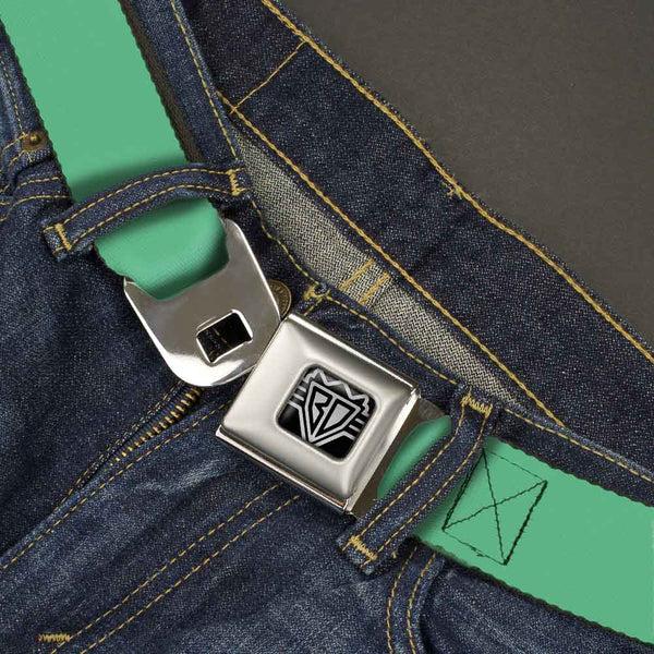Buckle Down BD Wings Logo CLOSE-UP Full Color Black Silver Seatbelt Belt - Solid Rainforest Green Webbing