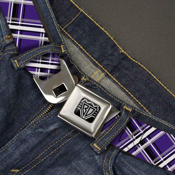 Buckle Down BD Wings Logo CLOSE-UP Full Color Black Silver Seatbelt Belt - Plaid X2 Purple/Gray/White/Black Webbing