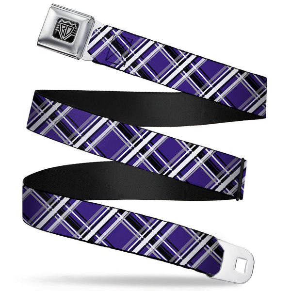 buckle down BD Wings Logo CLOSE-UP Full Color Black Silver Seatbelt Belt - Plaid X2 Purple/Gray/White/Black Webbing