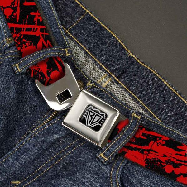 Buckle Down BD Wings Logo CLOSE-UP Full Color Black Silver Seatbelt Belt - Splatter Black/Red Webbing