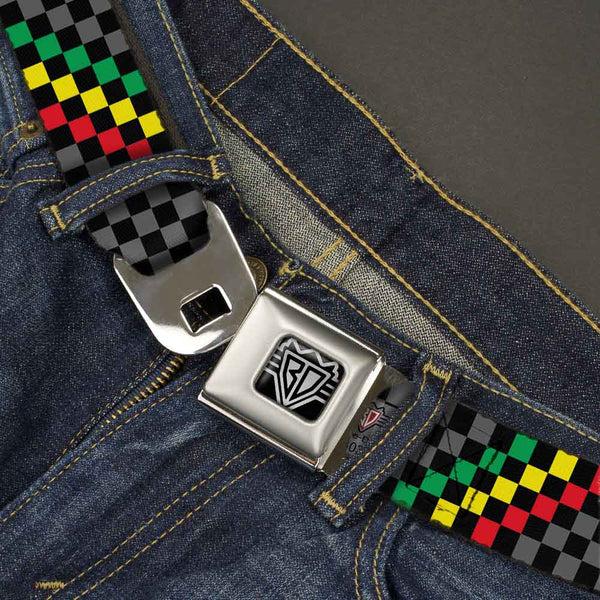 Buckle Down BD Wings Logo CLOSE-UP Full Color Black Silver Seatbelt Belt - Checker Stripe Black/Gray/Rasta Webbing