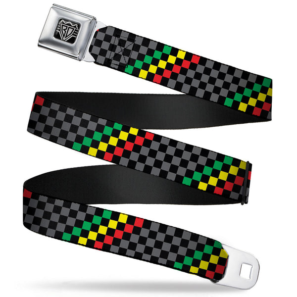 buckle down BD Wings Logo CLOSE-UP Full Color Black Silver Seatbelt Belt - Checker Stripe Black/Gray/Rasta Webbing