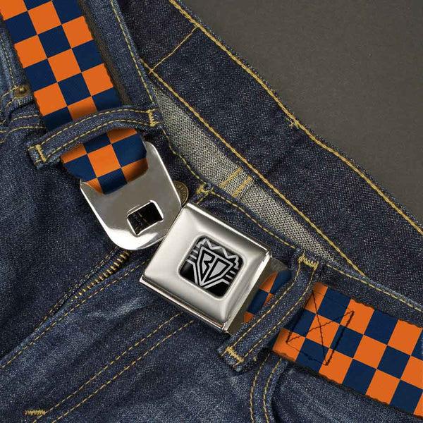 Buckle Down BD Wings Logo CLOSE-UP Full Color Black Silver Seatbelt Belt - Checker Orange/Dark Blue Webbing