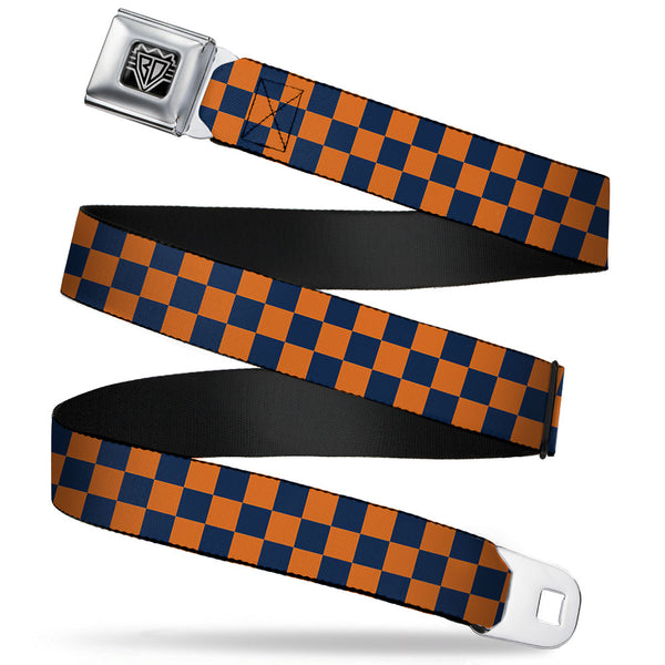 buckle down BD Wings Logo CLOSE-UP Full Color Black Silver Seatbelt Belt - Checker Orange/Dark Blue Webbing