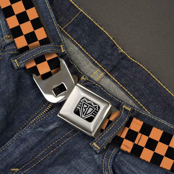 Buckle Down BD Wings Logo CLOSE-UP Full Color Black Silver Seatbelt Belt - Checker Orange/Blue Webbing