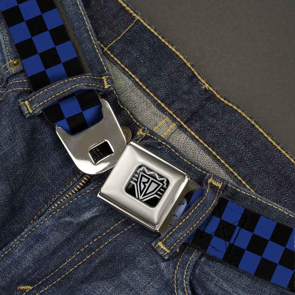 Buckle Down BD Wings Logo CLOSE-UP Full Color Black Silver Seatbelt Belt - Checker Black/Royal 288C Webbing