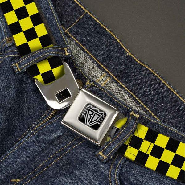 Buckle Down BD Wings Logo CLOSE-UP Full Color Black Silver Seatbelt Belt - Checker Black/Neon Yellow Webbing