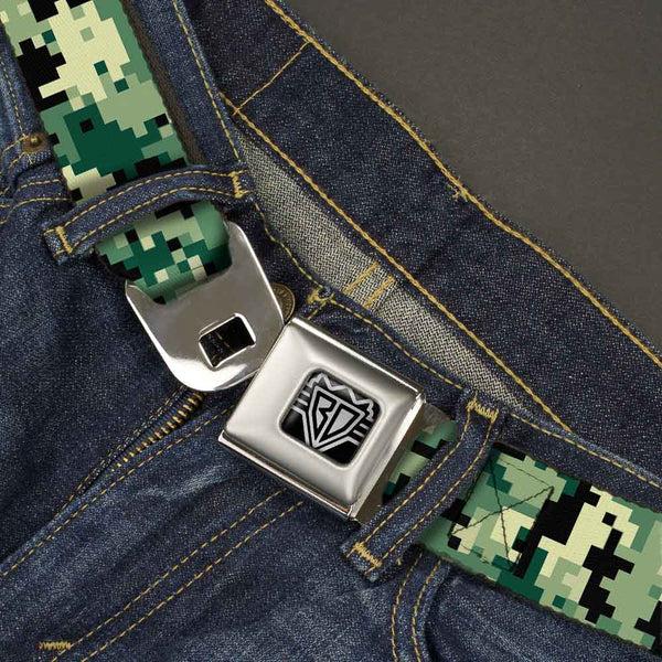 Buckle Down BD Wings Logo CLOSE-UP Full Color Black Silver Seatbelt Belt - Digital Camo Webbing