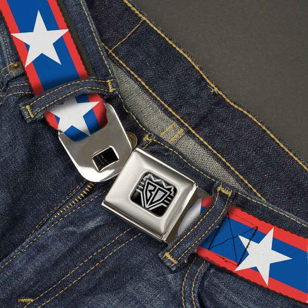 Buckle Down BD Wings Logo CLOSE-UP Full Color Black Silver Seatbelt Belt - Stars/Stripes Red/Blue/White Webbing