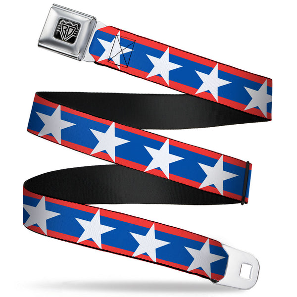 buckle down BD Wings Logo CLOSE-UP Full Color Black Silver Seatbelt Belt - Stars/Stripes Red/Blue/White Webbing
