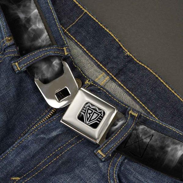 Buckle Down BD Wings Logo CLOSE-UP Full Color Black Silver Seatbelt Belt - Smoke Black/Grays Webbing