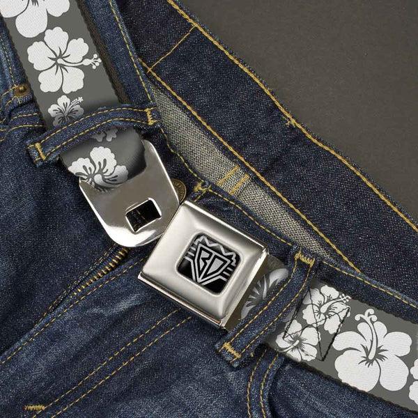 Buckle Down BD Wings Logo CLOSE-UP Full Color Black Silver Seatbelt Belt - Hibiscus Gray/White Webbing