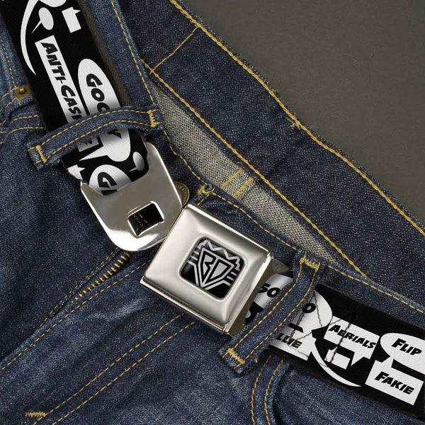 Buckle Down BD Wings Logo CLOSE-UP Full Color Black Silver Seatbelt Belt - Skater Bubbles Webbing