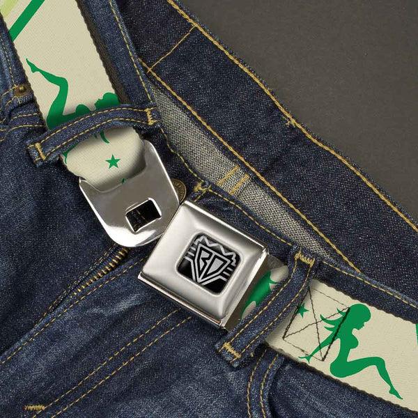 Buckle Down BD Wings Logo CLOSE-UP Full Color Black Silver Seatbelt Belt - Mud Flap Girls W/Stripes Tan/Green/Lime Green Webbing