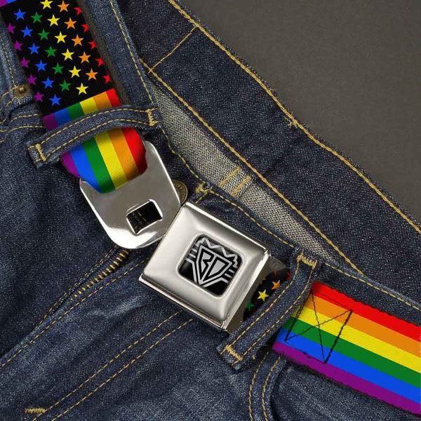 Buckle Down BD Wings Logo CLOSE-UP Full Color Black Silver Seatbelt Belt - Flag American Pride Rainbow/Black Webbing