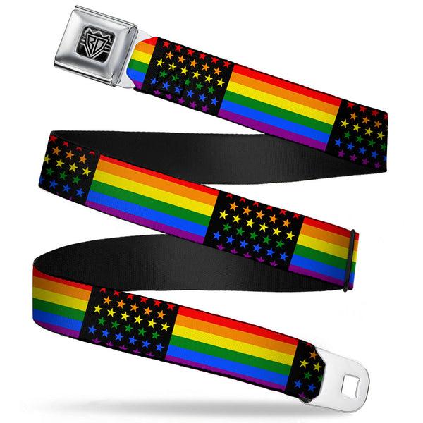 buckle down BD Wings Logo CLOSE-UP Full Color Black Silver Seatbelt Belt - Flag American Pride Rainbow/Black Webbing