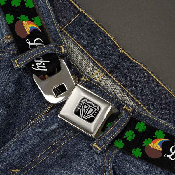 Buckle Down BD Wings Logo CLOSE-UP Full Color Black Silver Seatbelt Belt - St. Pat's LUCKY Pot Of Gold/Shamrocks Scattered Black/Green/White Webbing