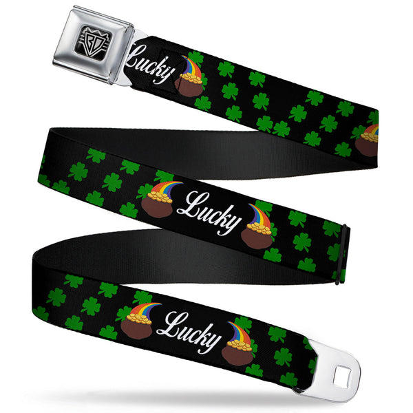 buckle down BD Wings Logo CLOSE-UP Full Color Black Silver Seatbelt Belt - St. Pat's LUCKY Pot of Gold/Shamrocks Scattered Black/Green/White Webbing
